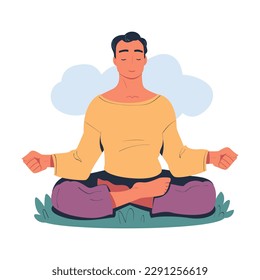 Tranquil man meditating on nature. Meditation practice, harmony, healthy lifestyle cartoon vector illustration