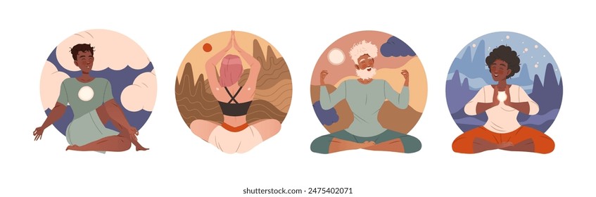 Tranquil Man and Woman Character in Yoga Pose Breathing and Meditating Vector Set