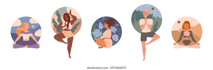 Tranquil Man and Woman Character in Yoga Pose Breathing and Meditating Vector Set