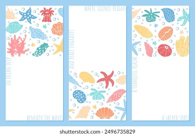 Tranquil marine design set with sea creatures and aquatic plants. Includes vibrant colors of coral, seashells, and fish in an underwater ocean environment. For ocean life illustration graphic.