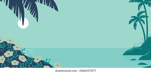 A tranquil, minimalist tropical landscape illustration featuring a soft mint-green background