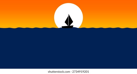 A tranquil, minimalist vector illustration featuring a small sailing boat floating on a calm, deep blue sea under a clear sky. A vast, open water scene symbolizing peace, solitude, travel, and freedom.