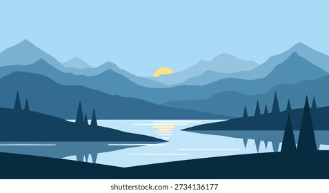 A tranquil mountain lake scene with a rising sun, silhouetted trees, and layered mountain ranges in shades of blue, creating a peaceful and minimalist landscape.