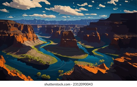 A tranquil mountain river, depicted in a stunning vector artwork, transports you to a world of natural beauty and tranquility.