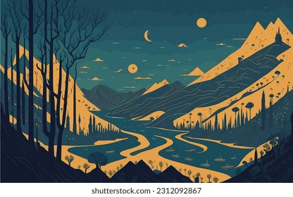 A tranquil mountain river, portrayed in a mesmerizing vector artwork, invites you to embrace its serenity.