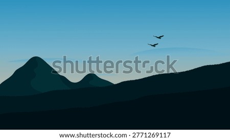 Tranquil nature landscape with layered hills, mountain and two flying birds