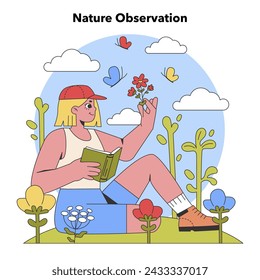Tranquil Nature Study. Curious observer examines flora with a guidebook, amidst vibrant butterflies and lush vegetation. Capturing the essence of camping. Flat vector illustration