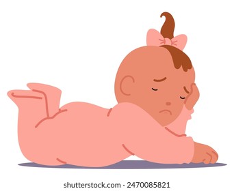 Tranquil Newborn Girl Sleeping Peacefully In A Tender Pose. Baby With A Tiny Brown Hair Tuft And A Pink Bow, Embodying Innocence And The Serene Ambience Of Infancy. Concepts Of Childhood And Care