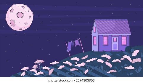 Tranquil night countryside with house and moon lofi wallpaper. Dreamy rural cottage on rolling hill under moonlit sky 2D cartoon flat illustration. Vector art image lo fi aesthetic color background