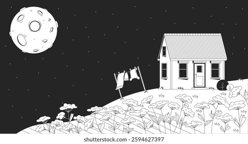 Tranquil night countryside with house and moon lofi illustration outline. Dreamy rural cottage on rolling hill under moonlit sky 2D ink linear flat lo fi drawing. Vector line art aesthetic wallpaper