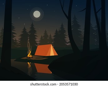 Tranquil night in forest with river and camp