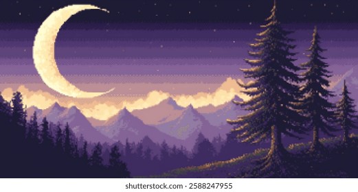 Tranquil night landscape with crescent moon and mountains in 8-bit pixel art for retro game design