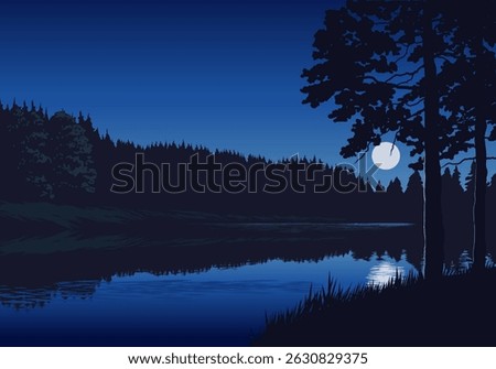 Tranquil night landscape illustration with river, forest and full moon