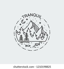 Tranquil. Night mountains and lake. Nature exploration vector vintage poster. Modern flat linear vector illustration. Retro wildlife postcard with stars, forest and waterlife