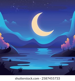 A tranquil night scene with a crescent moon reflecting on a calm pond, surrounded by silhouetted trees and a starry sky.