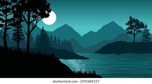 A tranquil night scene features a calm lake reflecting moonlight and silhouetted mountains. Tall trees frame the view adding to the peaceful atmosphere in the cool evening.