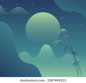 A tranquil night scene with a large moon, silhouetted palm trees, and a gradient of blue and green hues.