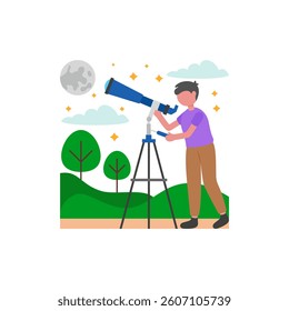 Tranquil Night Sky Viewing Flat Vector Illustration