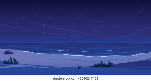 Tranquil Nighttime Beach Landscape with a Star-Filled Deep Blue Sky and Gentle Ocean Waves Lapping the Shore
