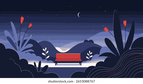 Tranquil Nighttime Park Cena com um banco vermelho sob uma lua crescente