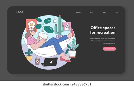 Tranquil office break concept. Woman relishes reading moment, nestled amidst vibrant decor, plants, and art, evoking serenity amidst work. Balance between leisure and job. Flat vector illustration