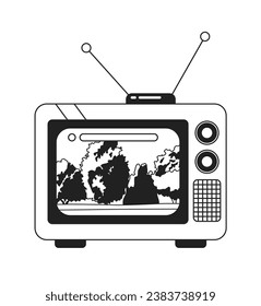 Ruhige Parkbäume auf den 70er Jahren tv schwarz-weiß 2D Cartoon Objekt. altmodisches Retro-TV-Programm, einzelne Vektorgrafik. Nostalgie-Show-monochromatische Flachbild-Illustration ansehen