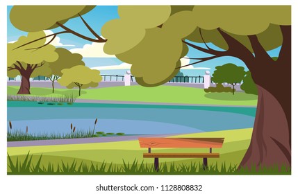 Tranquil park with wooden bench at lake vector illustration. Rustic scape with large tree. Outdoors illustration