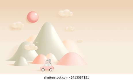 Tranquil pastel mountain range with soft, stylized peaks under a dreamy sky adorned with gentle clouds, in a serene color palette, 3d vector illustration
