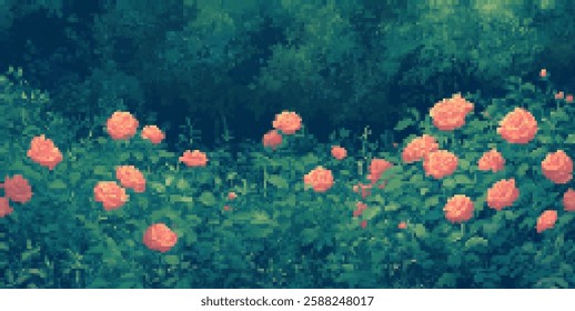 Tranquil pixel art rose garden in blooming spring landscape design for digital art lovers