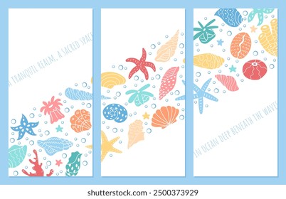 A tranquil realm depicted with underwater life, including vibrant corals, seashells, and marine creatures. Design card set with ocean scene is full of colorful aquatic life.