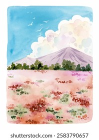 Tranquil retro flower field watercolor painting
