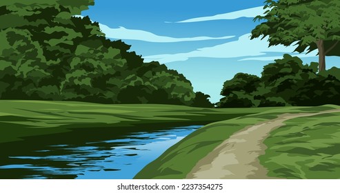 Tranquil river and forest scenery. Vector nature landscape