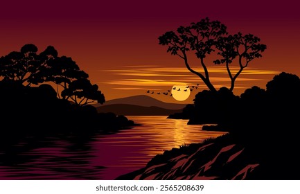 Tranquil river sunset landscape illustration