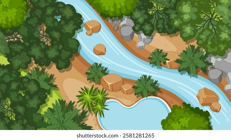 A tranquil river winding through dense green foliage