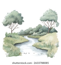 A tranquil river winds through a landscape with trees, shrubs, and grasses. Birds fly above the water, adding a touch of life to the scene.