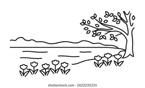 Tranquil riverbank with a lush tree and vibrant flowers, enhancing the beauty of the natural landscape line art flat vector illustration.