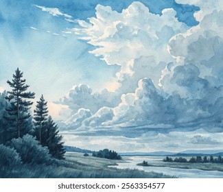 Tranquil riverside scene with dramatic clouds and lush trees, beautifully illustrated in watercolor style.