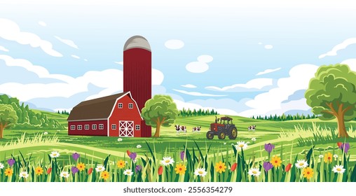 A tranquil rural scene with red barns, green fields, tractors and a cattle farm in the distance.