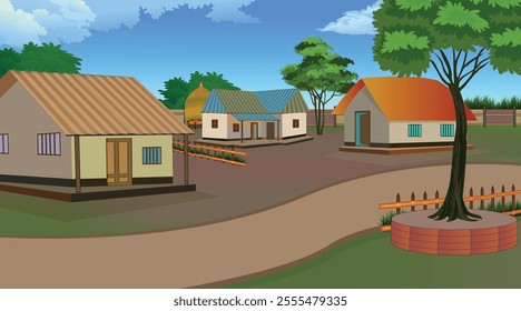 A tranquil rural village scene featuring traditional houses, green trees, open paths, and a serene natural environment under a clear blue sky.