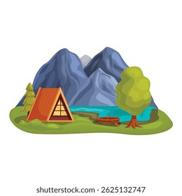 Tranquil scene with an a frame cabin nestled on a lakefront, inviting relaxation and adventure amidst the beauty of nature