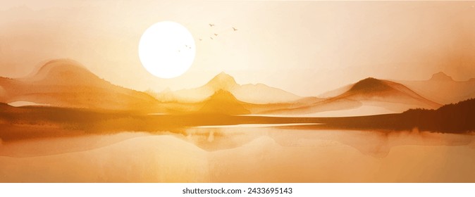 A tranquil scene with a large sun setting over a reflective lake and silhouettes of mountians.Traditional oriental ink painting sumi-e, u-sin, go-hua in gold tones