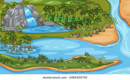 Eine ruhige Szene mit Fluss, Wasserfall und Bäumen