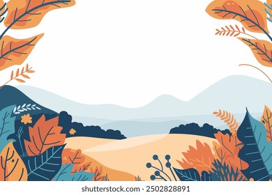 A tranquil scene vector landscape with stunning mountains, abundant greenery. Autumn landscape flat design illustration in vibrant colors. a beautiful autumn scene. Lush mountains 