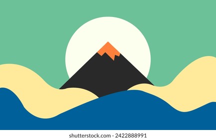 A tranquil scene where a majestic mountain peak meets the sky, surrounded by rolling hills and a serene sea, all illuminated by the watchful gaze of a full moon