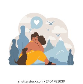 Tranquil scene of woman with her pet dog. Both enjoying a serene mountain view, symbolizing peace and contentment. Shared love and happiness. Flat vector illustration