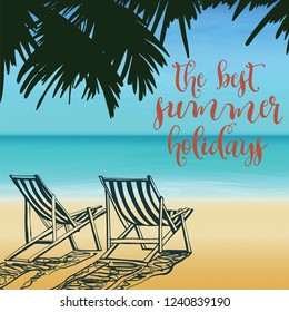 Tranquil scenery on relaxing beach tropical landscape design. Chairs on the sandy beach near the sea. Summer holiday and vacation concept for tourism. Inspirational tropical landscape Beautiful beach.