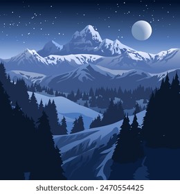 Tranquil scenic winter night landscape with moon and stars over snowy mountains