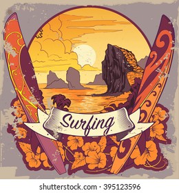 Tranquil sea sunset panorama with two surfboards and flower garland. Typical Thai landscape. Warm palette. Vintage poster. EPS10 vector illustration.
