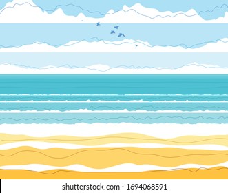 Tranquil seashore beach ocean or sea, summer holidays and vacations theme vector illustration, can be used as a background for card or banner to add text.