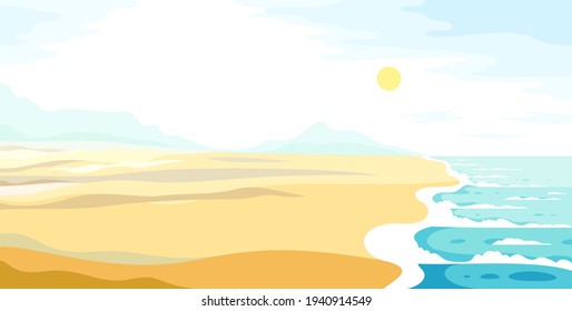 Tranquil seashore beach ocean or sea, summer holidays and vacations theme vector illustration, can be used as a background for card or banner to add text.